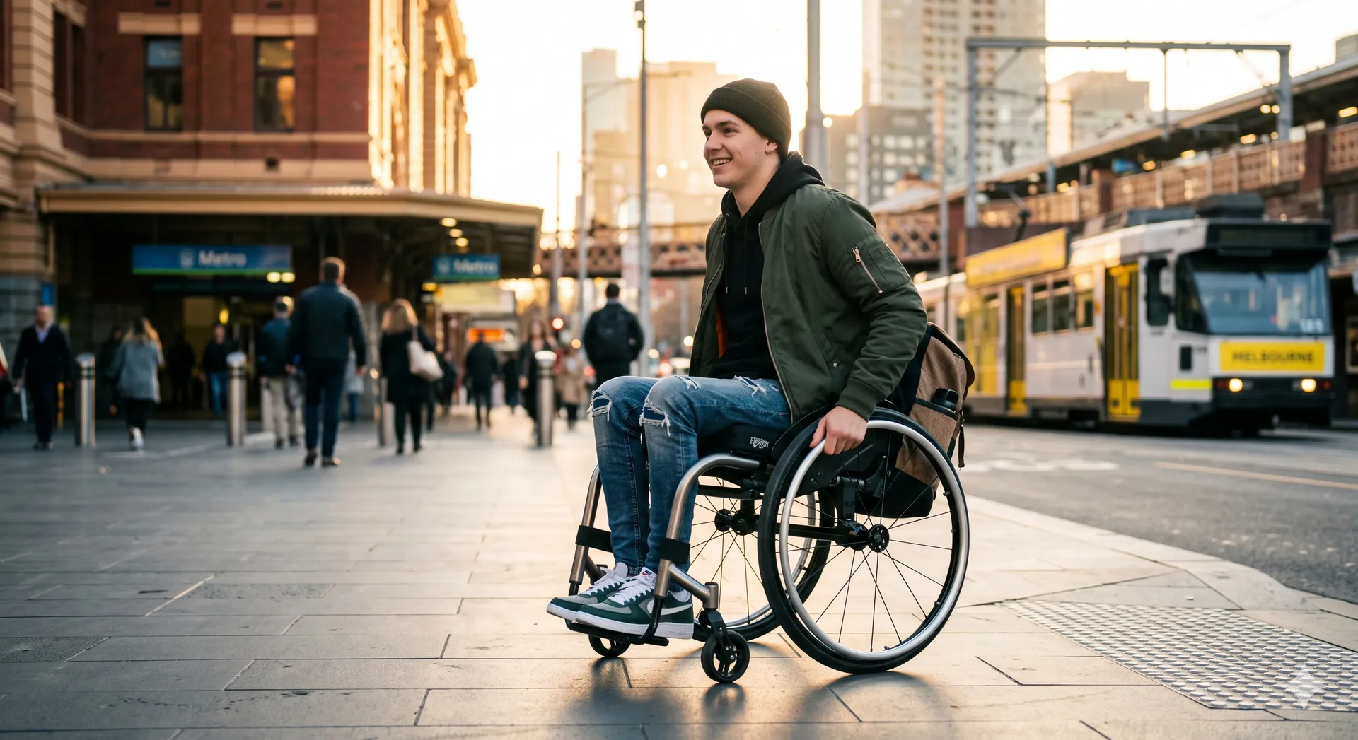 Young NDIS participant confidently navigating Melbourne independently